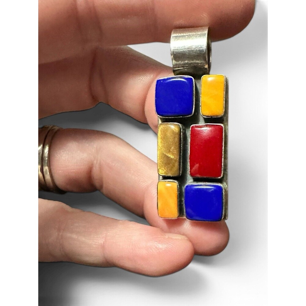 Vintage Mexican Multi-Stone Mosaic Sterling Silver Pendant